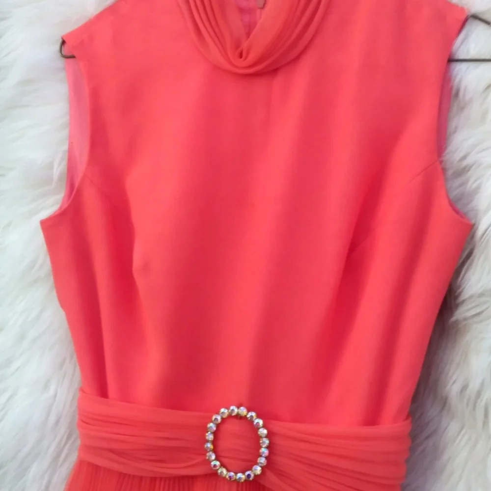 Vintage Jack Bryan Dress Chiffon Coral 60s Pleated Lettuce Ruffle Skirt Small - Picture 4 of 9
